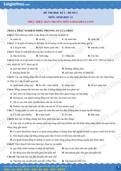 Đề thi học kì 2 Sinh 12 - Đề số 2